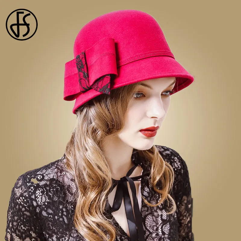 Peach Red Fedora FS женские синие шляпы для церковный колокол шляпа шерсть войлочная одежда бант котелок с широкими полями кепка осень зима Bowler Fedoras дамы Chapeu - Цвет: Peach Red Fedora