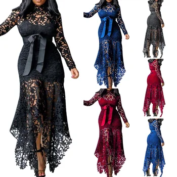 

Women Lace Long-Sleeved Dress Irregular Dress Party Dresses Asymmetrical Dress Sexy Hollowed Dress Vintage Elegant Dress D30