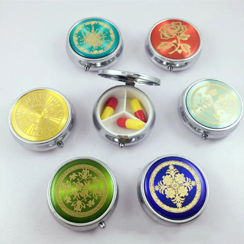 1pc Medicine Box Metal Round Flower Print Folding Pill Case Medicine Organizer Box Pill Storage Container Random Pattern