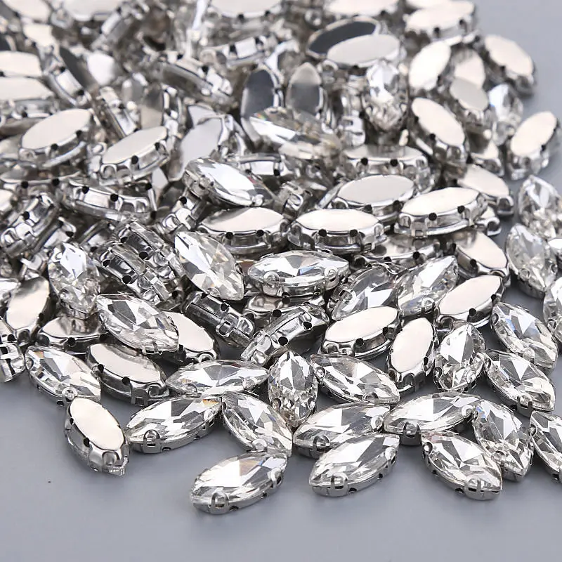 Description Picture 2 of itemMulti Size Horse eye shape Sewing Glass clear crystal Silver claw Base Rhinestone DIY wedding gown Dress Headdress jewelry Beads