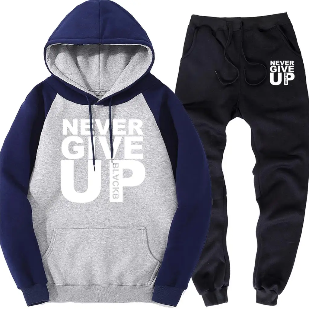 Never Give Up Мужской пуловер реглан спортивные штаны осенние флисовые спортивные комплекты уличная теплая толстовка уличные брюки костюмы из 2 предметов - Цвет: dark blue gray 5