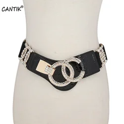 CANTIK Women's Retro Dress Wide Elastic Waistband Cowhide Leather Personality Rhinestone Crystal Decorative Belt Women SACA042