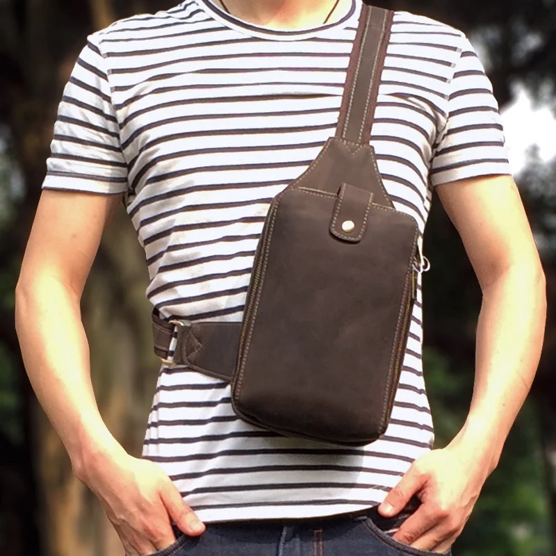 

BEAU-MISFITS Retro Leather Mens Crossbody Chest Bag Sports Shoulder Bag Zipper Double Chest Bag