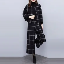Осень зима корейский стиль женские шерстяные брюки костюм комплект из двух предметов короткая шерстяная куртка широкие брюки костюмы комплекты из 2 предметов