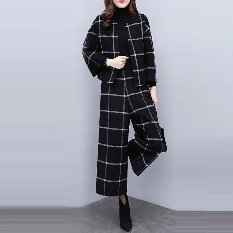 

2019 Autumn Winter Korean Style womens wool pant suit Two piece Set Short Woolen Jacket Wide Leg Pants Suits 2 Piece Sets