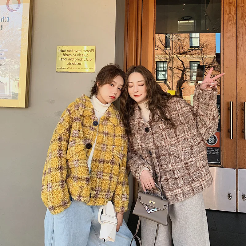 

Photo Shoot New Style Autumn & Winter Korean-style Loose-Fit Versatile Plaid Lambs Wool Cotton Coat Short-height Cotton-padded C