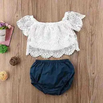 

2020 ins Baby Girls Off Of Shoulder Lace Top And PP Short Pants Summer Clothes Set Wholesale