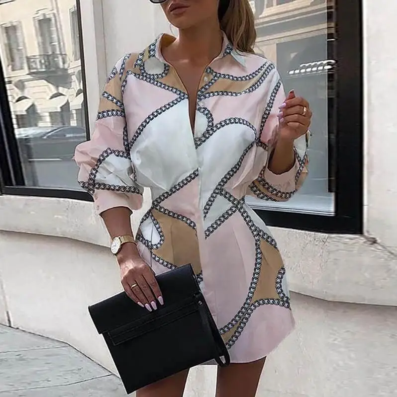  2019 Office Lady Turn-Down Collar Blouse Shirt Dress Women Autumn Long Sleeve Print Mini Dress Eleg