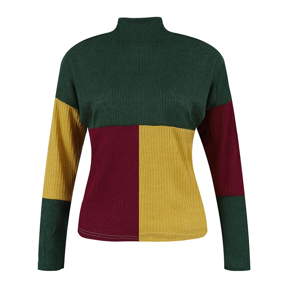 Jaycosin Women Colorblock Stand Long Sleeve Knitted Loose Sweater Tops Casual Quality Attractive Jumper Pullover Top Blouse