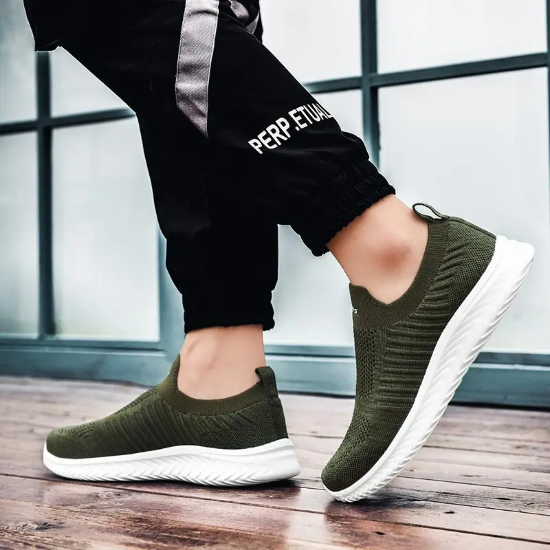 Large Size Summer Without Lacing Men Sneakers Socks Sport Shoes Mens Running Shoes Men's Sports Green D-424 - Running Shoes -
