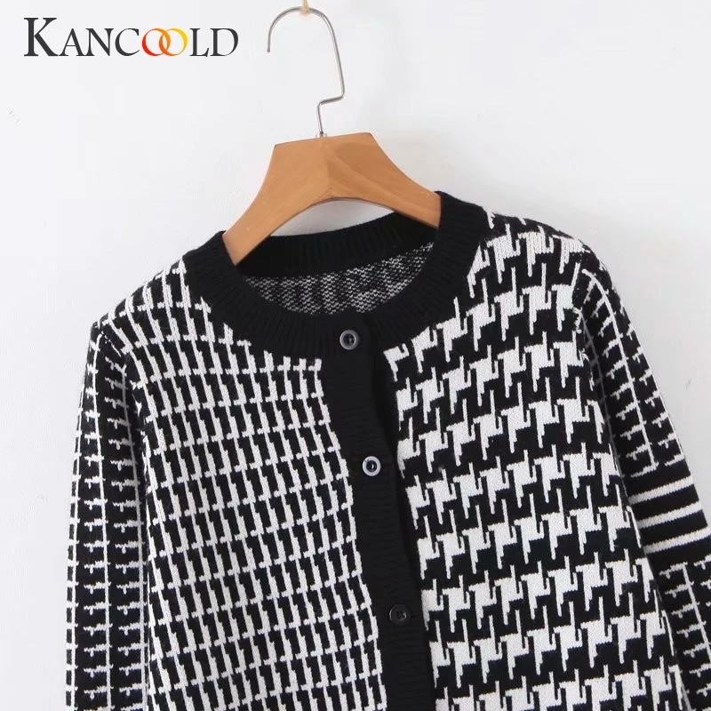 KANCOOLD пальто для женщин, Модный Полосатый Топ с длинным рукавом, клетчатый свитер с круглым вырезом и пуговицами, новые пальто и куртки для женщин 2019AUG26