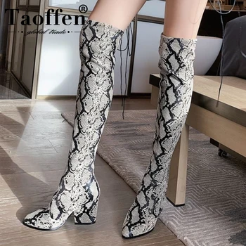 

TAOFFEN Sexy Pointed Toe Shoes Winter Women Long Boots Fashion Snakeskin PU Leather Over The Knee Boots Women Size 34-43