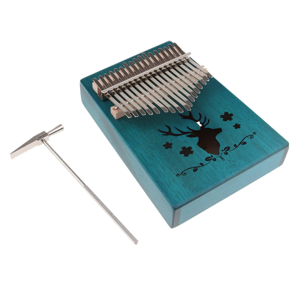 17 Keys Thumb Piano Kalimba Mahogany Beginner Piano Gift Deer Pattern Decoration Finger Percussion Musical Instrument - Blue