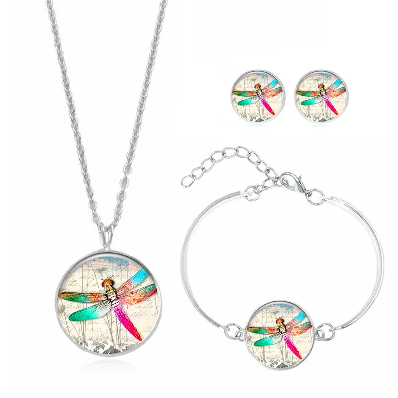 

Hot Sales Dragonfly Time Stone Necklace Ear Stud Bracelets Europe And America Ornament Set