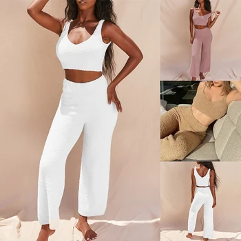 

Women Knitted Plush Two Piece Set Sexy V Neck Fluffy Tank Crop Top High Waist Pants Outfit Home Suit