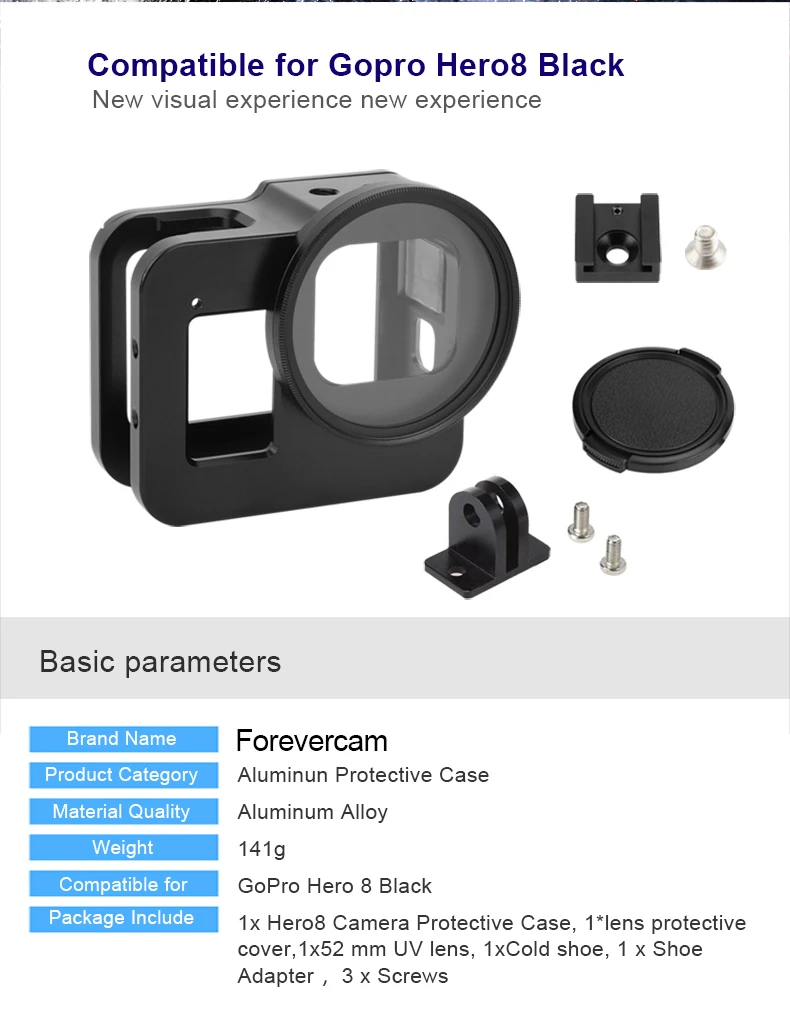 Алюминиевый сплав защитный чехол клетка крепление для GoPro Hero 8 черный с 52 мм УФ-объектив