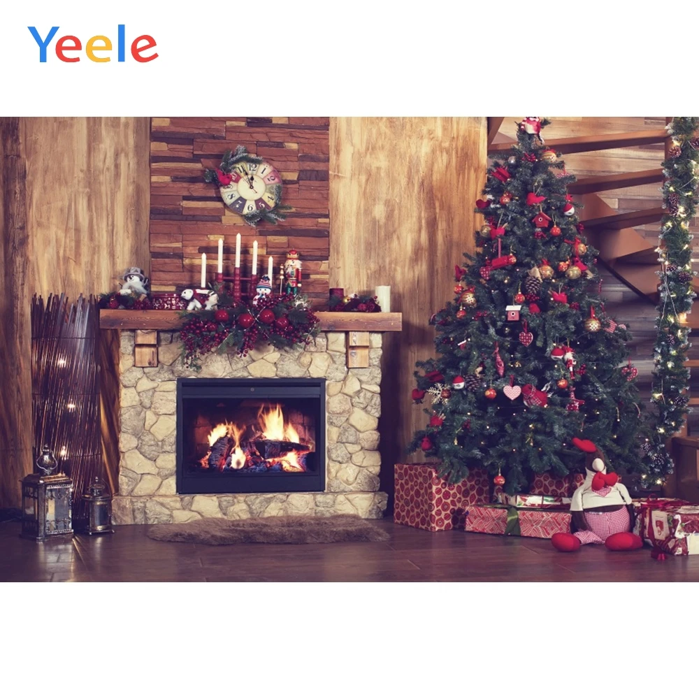 

Christmas Tree Wooden Floor Wall Fireplace Baby Birthday Backdrop Photography Custom Photographic Background For Photo Studio