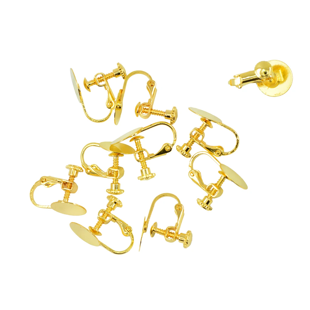 20pcs Gold silver color Tone Blank Earrings Bases with 12mm Flat Glue Pad Clip On Screw Earring Jewelry Findings for Non Pierced Ears