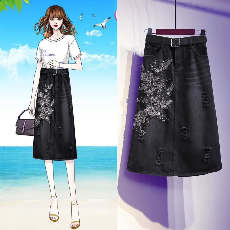3D Вышивка размера плюс 5XL джинсовая юбка женская мода отверстие бисером с поясом Юбка Аппликации Цветок посылка бедра джинсовая юбка