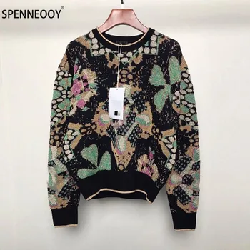 

SPENNYMOOR Designer Brand Autumn Vintage Pattern Gold Line Knitting Sweater Pullover Women Fashion Long Sleeve Jumper