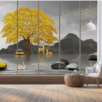 

milofi custom large wallpaper mural 3D golden tree lines artistic landscape mountains and stones to run the TV background wall