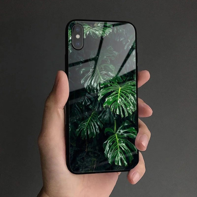 Зеленые тропические Листья Лист закаленное стекло крышка Мягкий силиконовый чехол для телефона оболочка для iPhone 6 6s 7 8 Plus X XR XS 11 pro MAX - Цвет: AE 711