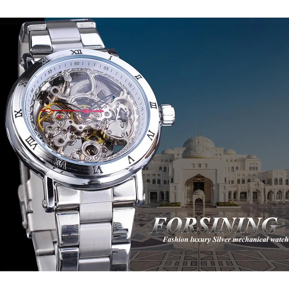 Forsining Men Skeleton Dial Transparent Automatic Watch Roman Numerals Silver Waterproof Stainless Steel Sport Mechanical Watch