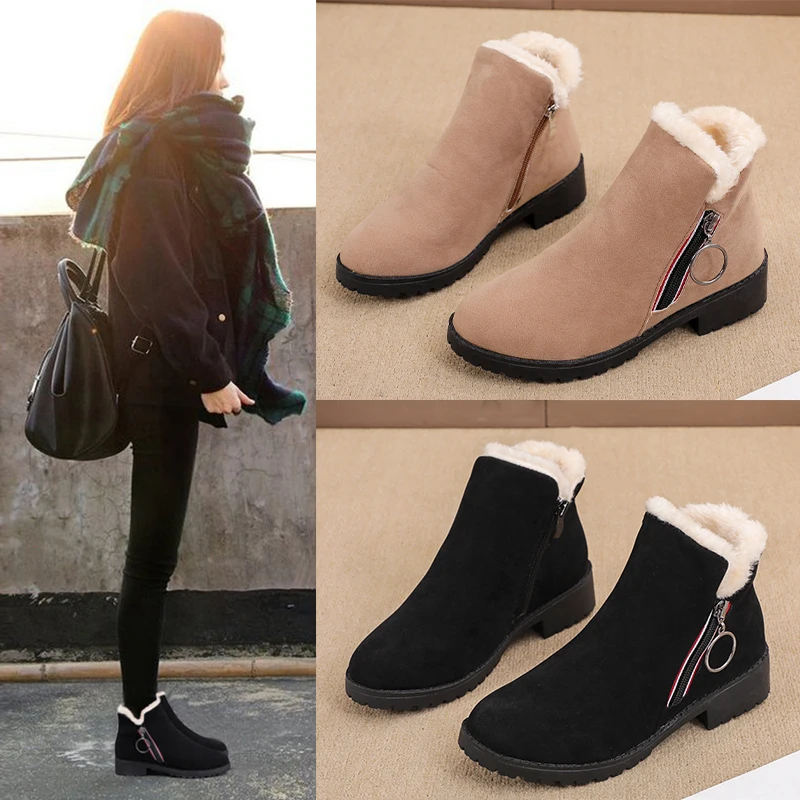 

2019 New Winter Ladies Chelsea Boots Warm Plush Fur Suede Zipper Low Heel Ankle Snow Boots Women Shoes Platform Botas Mujer