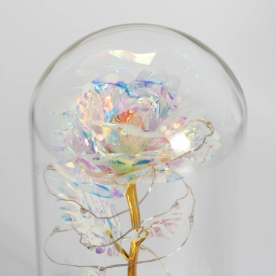 2020 LED, Rosa encantada, flor de lámina de oro de 24K eterna con cadena de luces de hadas en la cúpula para regalo de Navidad y Día de San Valentín - Imagen 3