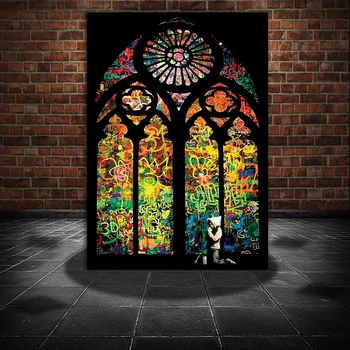 

Banksy Stained Glass Window Church Canvas Painting Modern Wall Art Pictures For Living Room Home Decoration Posters And Prints