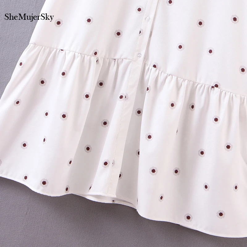 SheMujerSky Women White Shirt Midi Dress 2020 Spring Autumn Little Floral Print Dresses bodycon