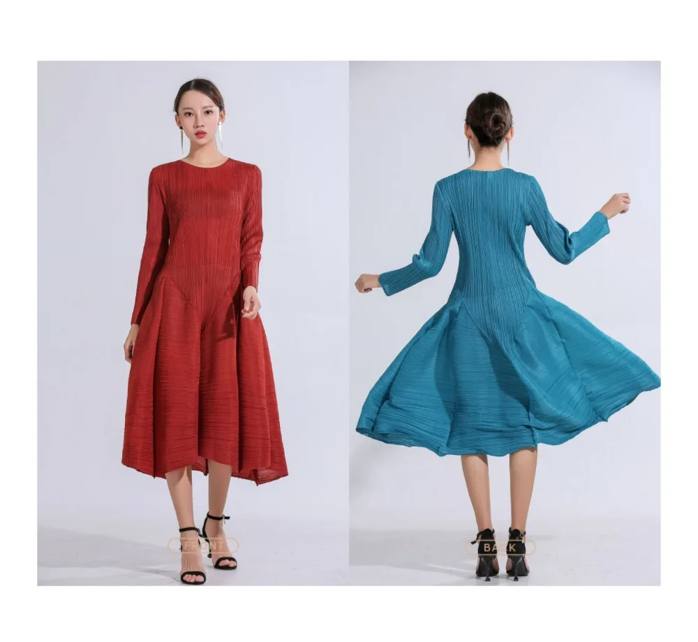 Miyake/ ; модное однотонное платье с круглым вырезом и длинными рукавами; бутон платье; Лидер продаж