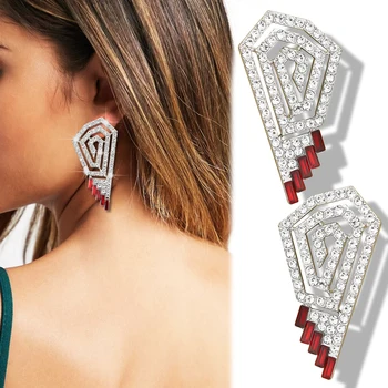 

Art Deco Earrings For Women Spiral Red Crystal Pave Silver Plated Party Statement Drop Dangle Ear Studs Brincos Jewelry Bijoux