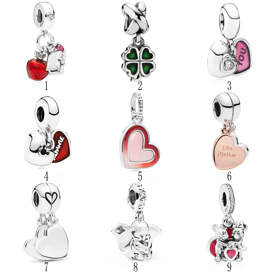 

925 Silver Jewelry You & Me Minnie Mickey Dumbo Snow White Apple Dangle Charm fit Lady Bracelet Fuchsia Enamel