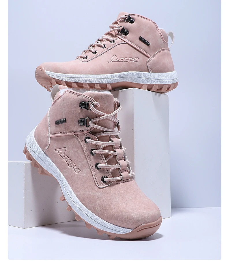 Winter Outdoor Plush Warm Snow Boots For Women PU Leather Waterproof Snow Shoes Pink Fashion Ankle Boots Woman Big Size 42