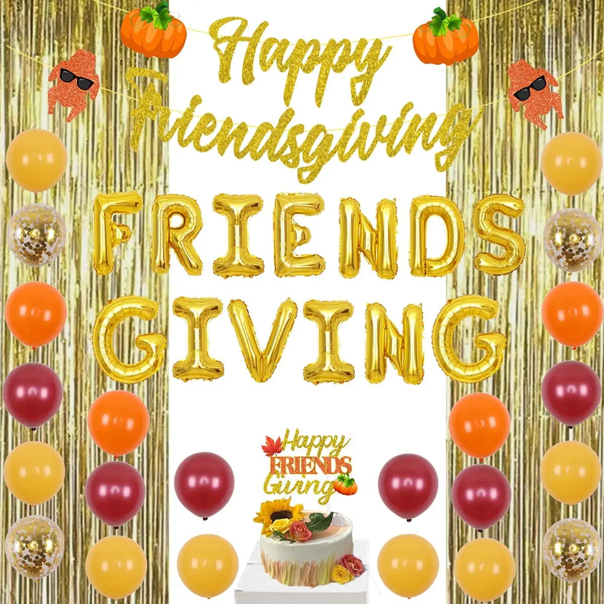 

Friendsgiving Party Decoration Happy Friendsgiving Banner Cake Topper Gold Fringe Curtain for Thanksgiving Party Decoration
