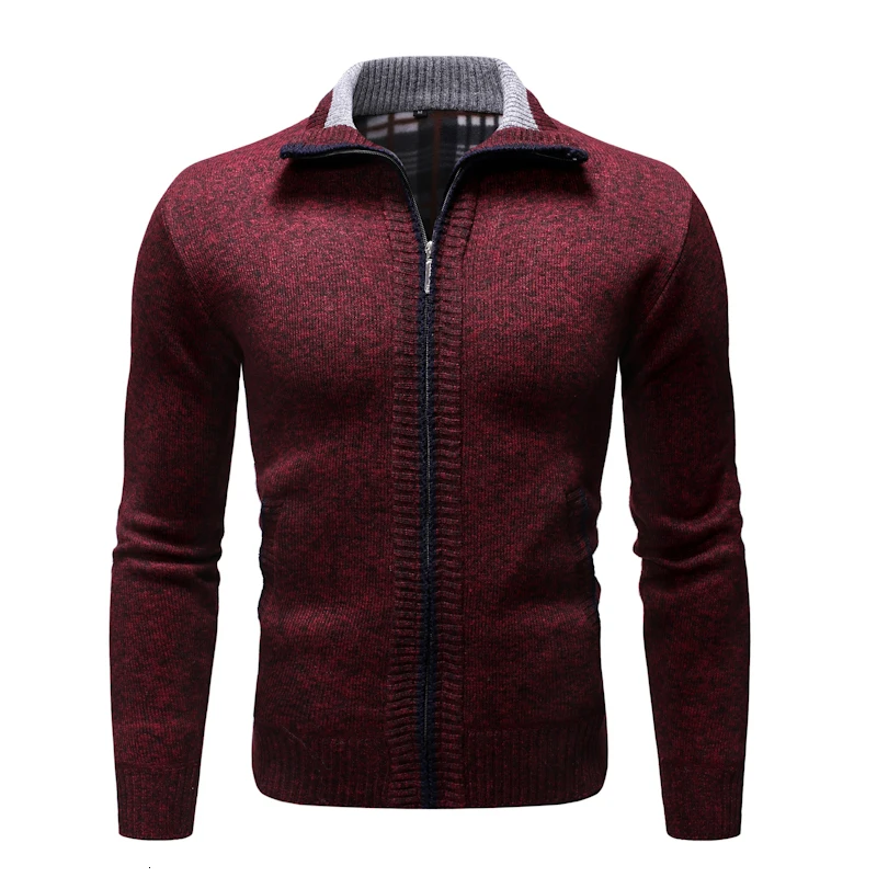 2019 winter mens Wool thick section plus velvet sweater Striped zipper cardigan lapel Korean version Hand-painted Blue Gray