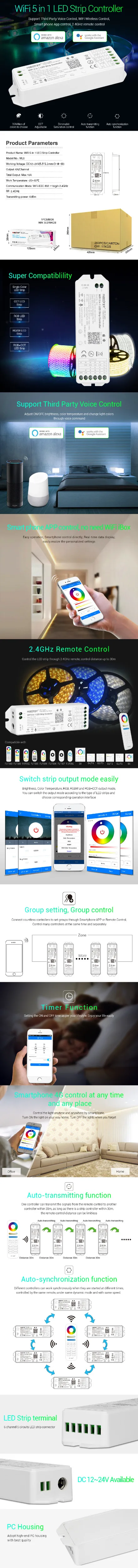 Miboxer WL5 2,4G 15A 5 в 1 WiFi светодиодный контроллер для одного цвета, CCT, RGB, RGBW, RGB+ CCT светодиодный полосы, поддержка Amazon Alexa Voice