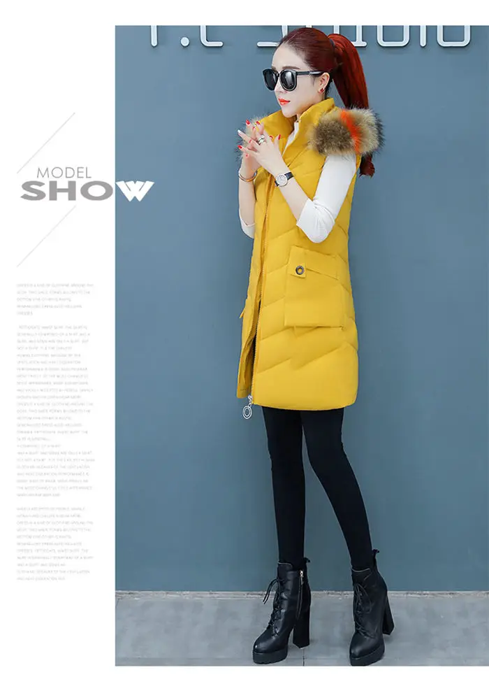 Осенне-зимний жилет корейский пуховик женский хлопковый жилет длинный тонкий большой размер меховой воротник без рукавов парка зимняя куртка f1947