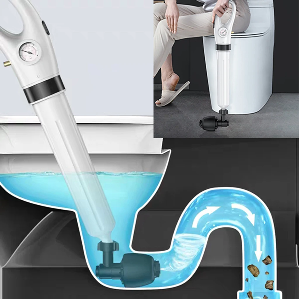 Toilet Air Pressure Plunger Pump Kits Air Drain Blaster Augers Gun Plunger with 4 Replaceable Heads White