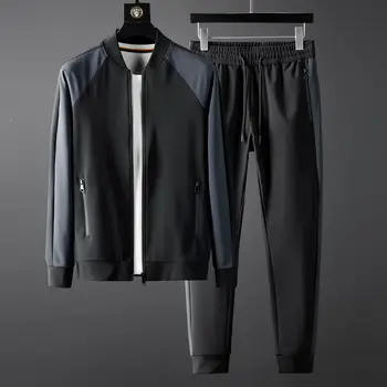 

Autumn Winter Sets (sweatshirts+pants) Luxury Contrast Color Stand Collar Men Sweatshirts Elastic Waist Man Pants 5XL