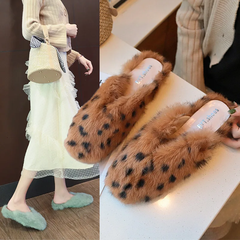 

Flat Women's 2019 Summer New Style Thin Heeled Closed-toe Korean-style Lazy Semi-Trailing Shoes Pointed-Toe Fluffy Shoes Outer W