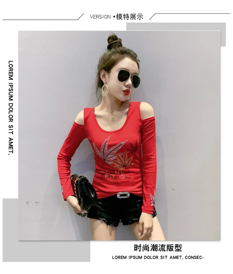 2020 Autumn long sleeve women t-shirt Sexy off the shoulder hot drilling women tops and shirt plus size women clothing