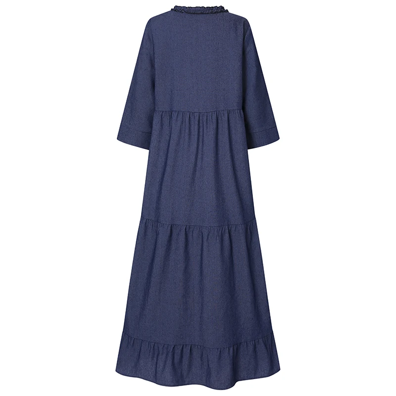 ZANZEA 2020 Casual Long Sleeve Maxi Vestidos Stylish Demin Blue Ruffle Dress Womens Autumn Sundress Female Solid Robe Oversized