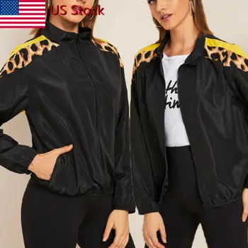 

Women Autumn Spring Slim Sport Leopard Stitching top Zipper Punk Loose Coat Long Sleeve Jacket Tops Cool Girl Ladies Streetwear