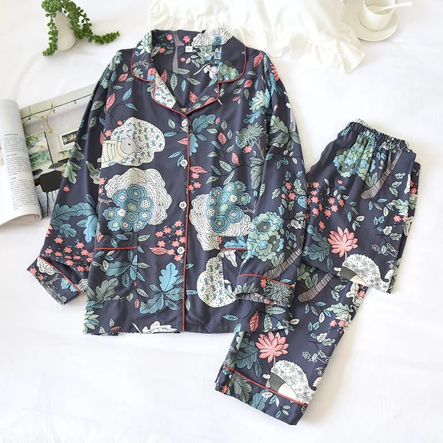 Spring / Summer New 100% viscose long-sleeved trousers ladies pajamas suit 3XL plus size long Sleepwear women's home Nightwear Jungle rabbit
