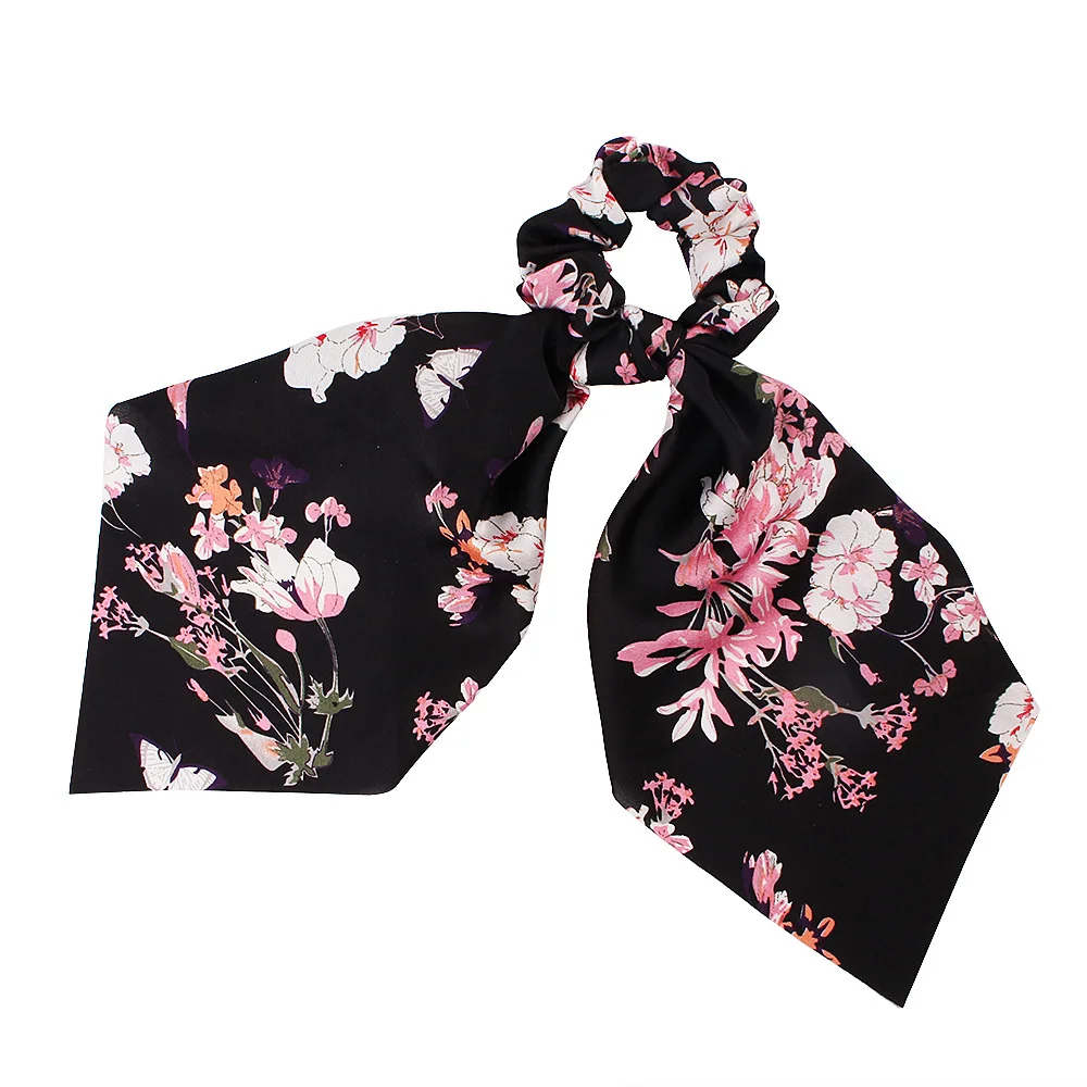 Длинный атласный шарф в полоску с цветочным принтом и бантиком лента для