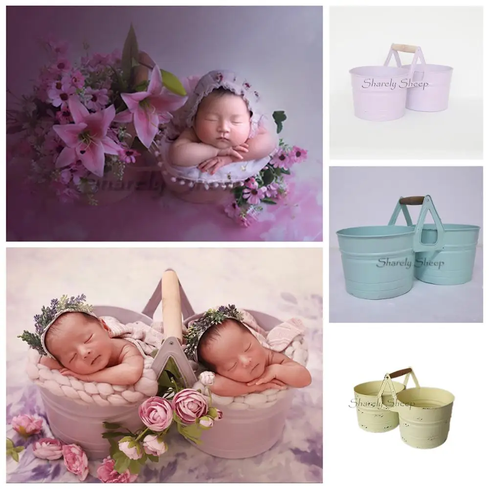 Twins Baby Photography Posing Props Iron Bucket Newborn Boy Girl Photo Shoot Studio Basket bebe fotografia Accessory Shoot Prop newborn photography prop princess lace dress ruffled romper heanband set baby girl outfit props for bebe photo shoot accessories