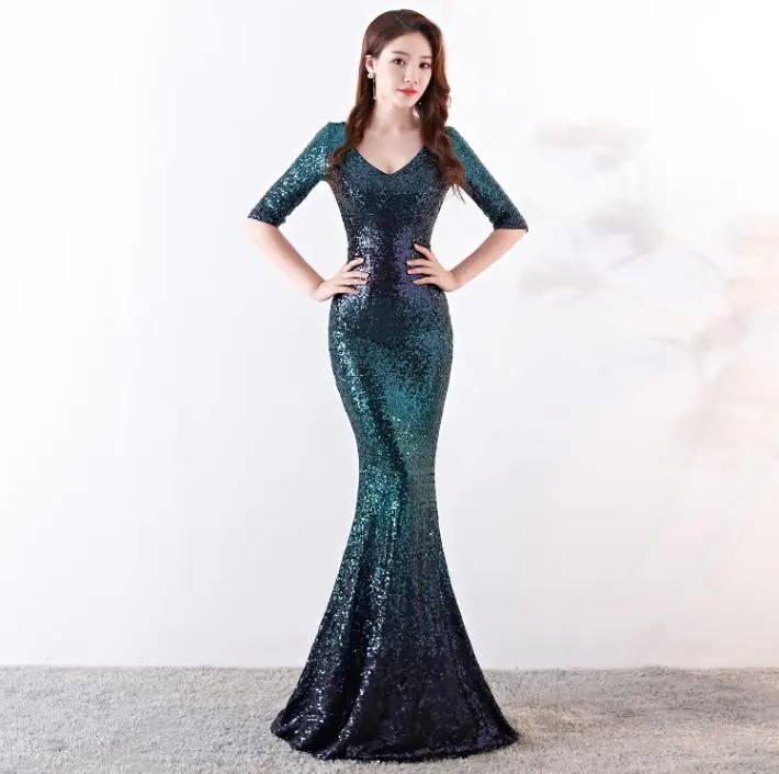Navy Blue Green SVKSBEVS градиент цвета сексуальный глубокий V шеи блестками Русалка Длинные платья Вечерние Половина рукава спинки макси платье - Цвет: Navy Blue Green