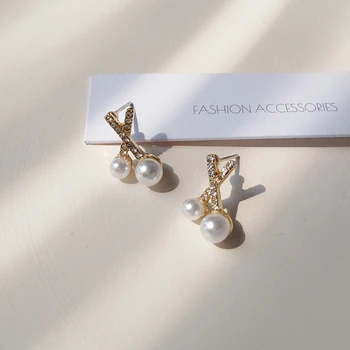 

S925 needle Girl Jewelry X - shaped Stud Earrings Personality High Quality Crystal Simulated Pearl Earrings Fashion Jewelry